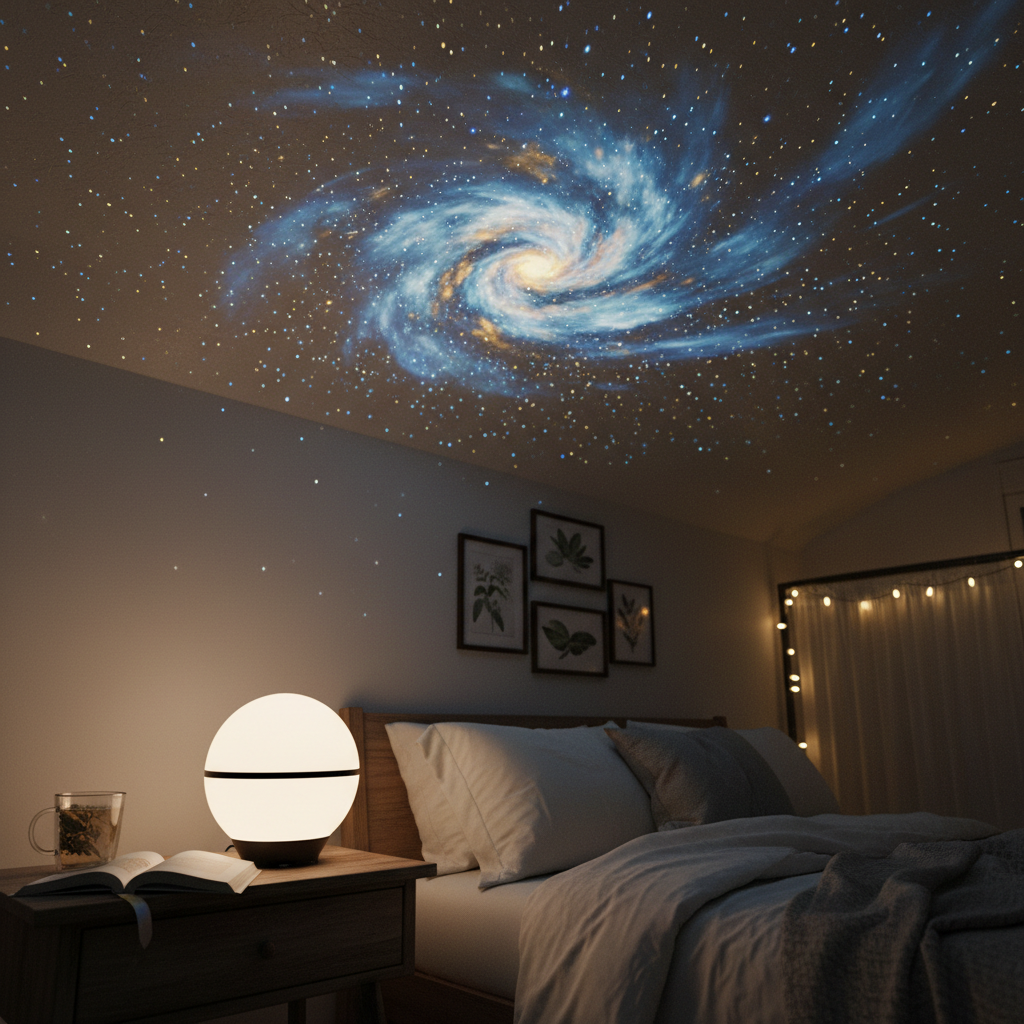 Star projector casting a galaxy of stars across a cozy bedroom ceiling