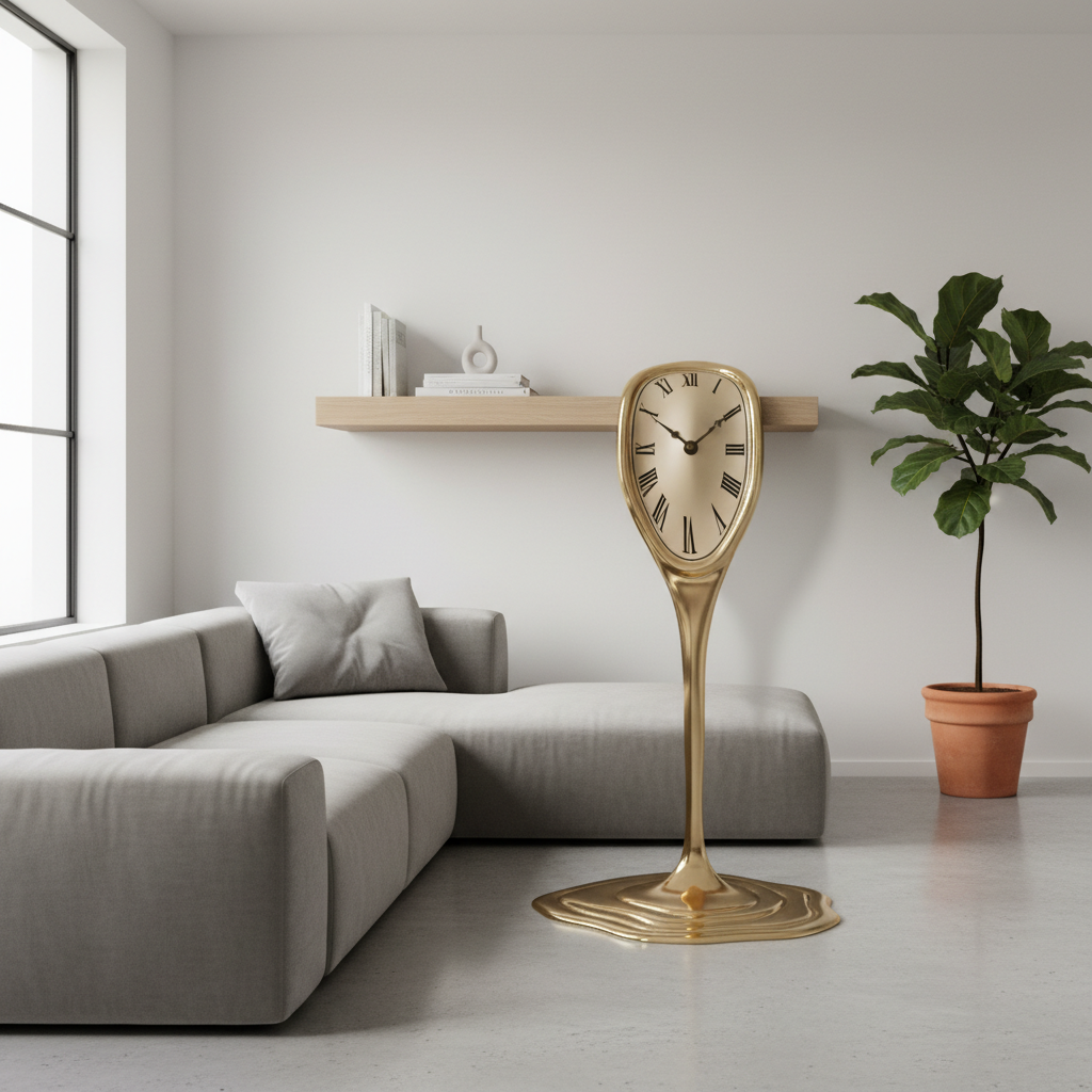 Surrealist melting clock draped over the edge of a minimalist shelf in a stylish living room